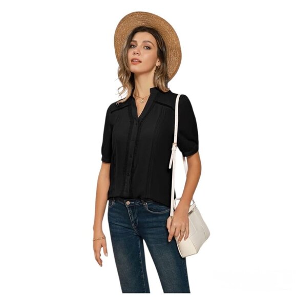 Grace Karin Women's Short Puff Sleeve Black Button Down V Neck Pleated Shirt XL - Picture 1 of 13